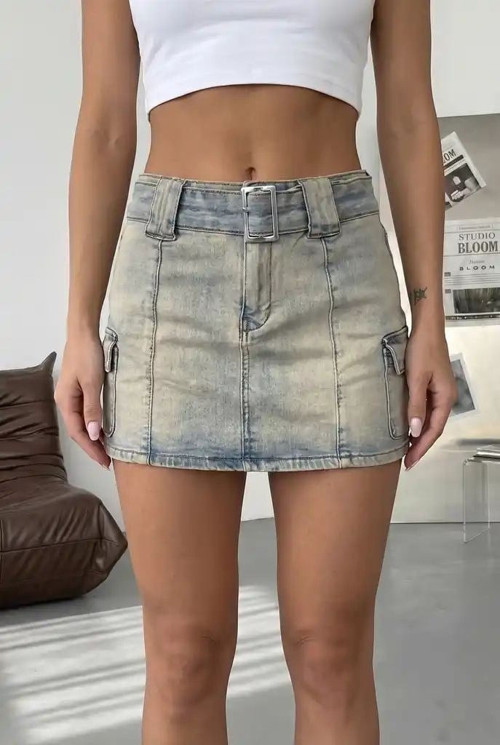 Yüksek Bel Mini Denim Etek Eskitilmiş Mavi Yıkamalı Cep Detaylı Jean Etek