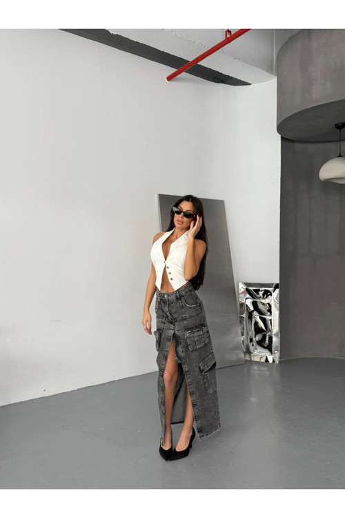 Siyah Yıkamalı Cepli Yırtmaçlı Maxi Denim Etek
