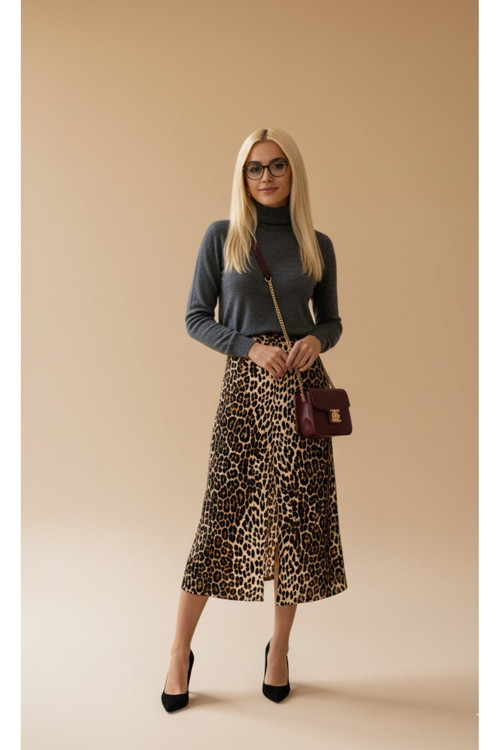 Yırtmaçlı Leopar Desenli Midi Boy Denim Etek - %100 Pamuklu