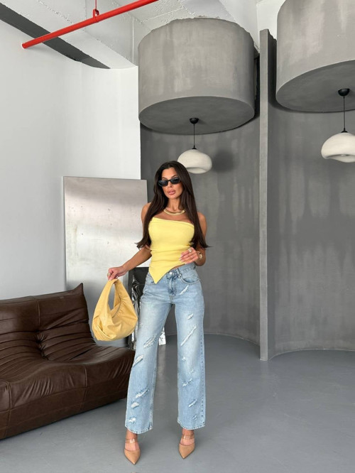 Kadın Yırtık Detaylı Straight Fit %100 Pamuk Jean Pantolon