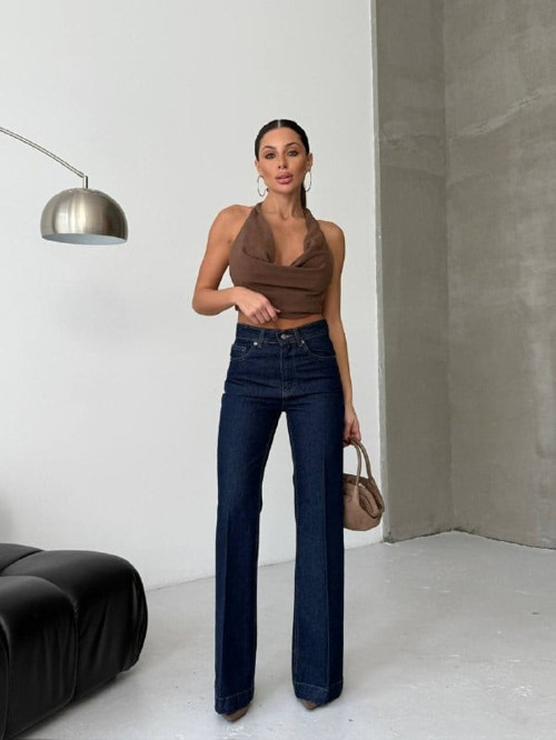 Yüksek Bel %100 Pamuklu Bol Paça Denim Pantolon - Premium Jean