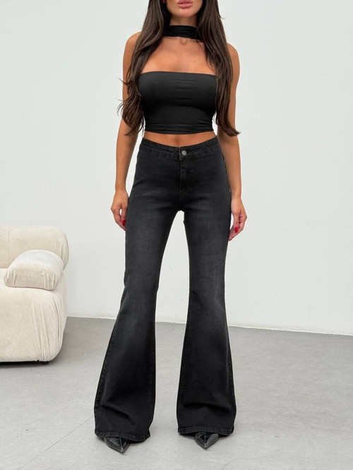 Yüksek Bel İspanyol Paça Jean Pantolon - Toparlayıcı Etkili Dark Blue Flare Denim