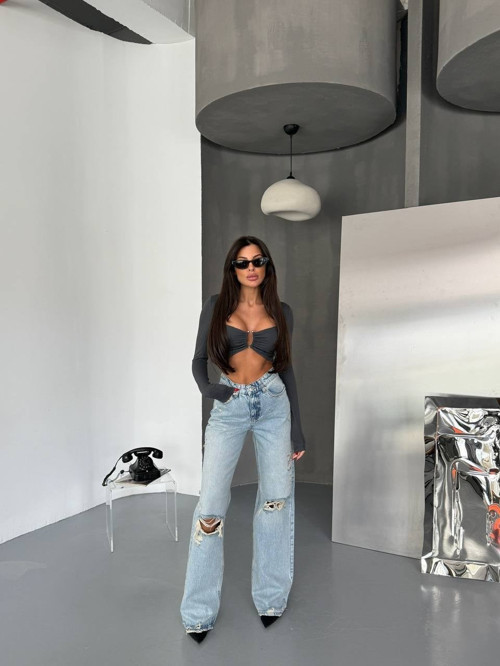 Kadın Asimetrik Bel Wide Leg Jean - %100 Pamuklu Dizden Yırtık Pantolon