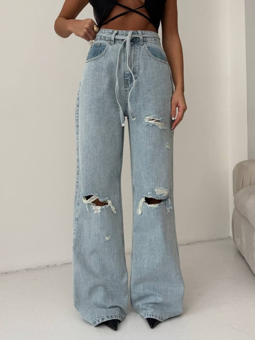 Kadın Yırtık Detaylı Wide Leg Jean - %100 Pamuk Bol Paça Jean Pantolon