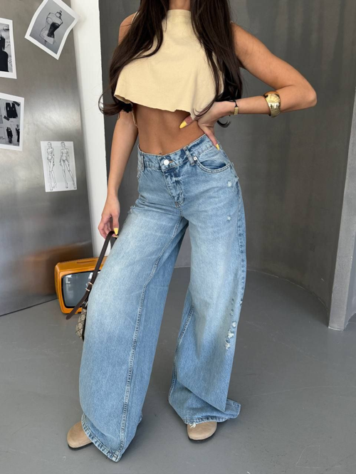 Kadın %100 Pamuk Wide-Leg Geniş Paça Eskitme Detaylı Jean Pantolon