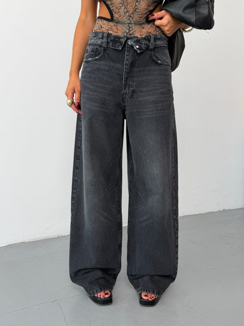 Kadın Katlama Bel Detaylı Baggy Wide Leg Bol Paça Jean Pantolon