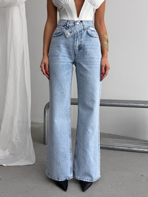 Kadın Yıkamalı Çapraz Kemer Detaylı Wide Leg Jean Pantolon