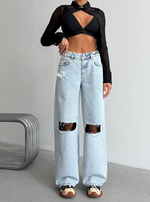 Kadın Bel Pencereli Wide Leg Jean Pantolon - Yüksek Bel Cep Detaylı Geniş Paça Denim