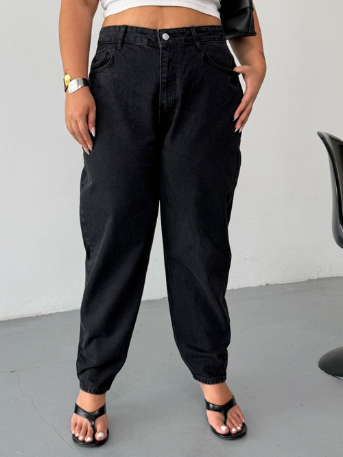 Kadın Büyük Beden Yüksek Bel Mom Slouchy Rahat Kesim Jean Pantolon