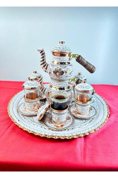 6lı Bakır Çay ve Fincan Takımı, Yuvarlak Tepsi, Çaydanlık küçük