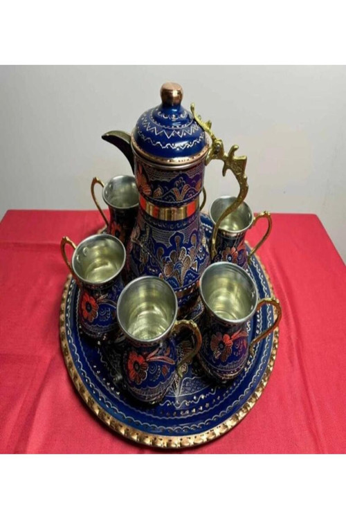 Yuvarlak tepsili Bakır Ayran Ve İçecek Seti 6 Kişilik