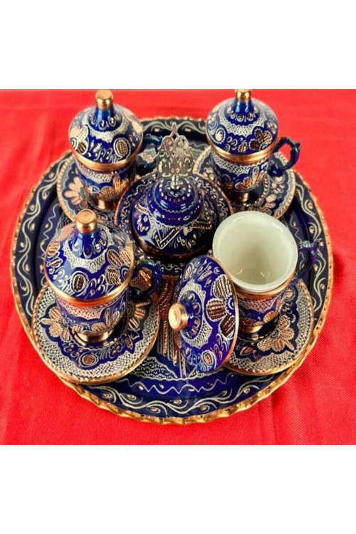 4lü Bakır Fincan Takımı ve Lokumluk Yuvarlak Tepsi