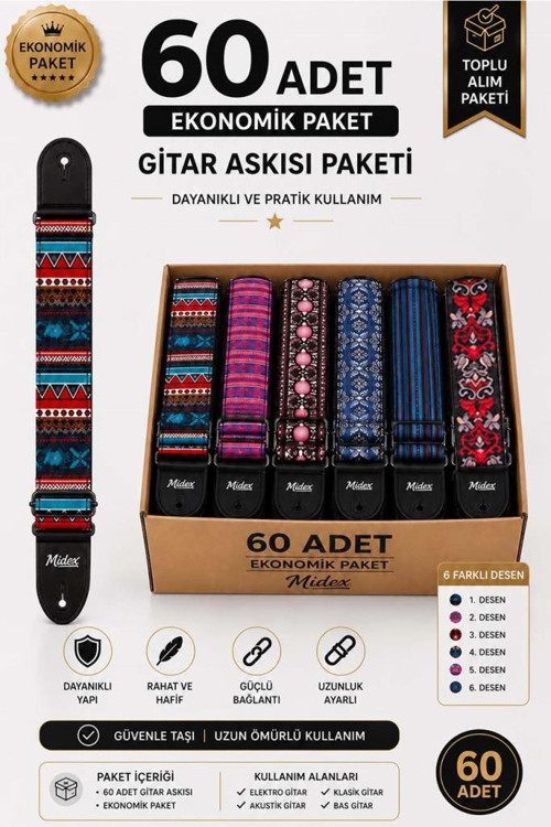 GSR-60X Özel Tasarım Desenli 60'lı Gitar Omuz Askısı Toptan Paketi (90-145 cm Uzunluk)