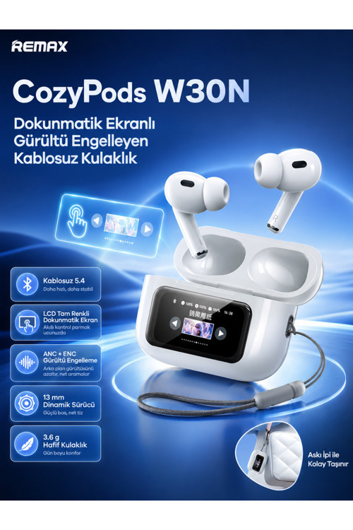 Cozypods W30N Akıllı Lcd Dokunmatik Ekranlı Anc+Enc Tws Bluetooth 5.4 Kulaklık W30N Siyah