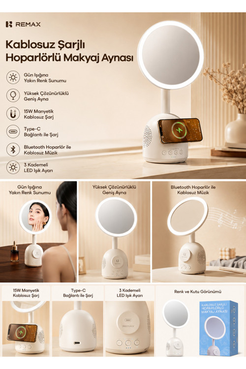 3'Ü 1 Ara Makyaj Aynalı Led Masa Lambası - 15W Magsafe Kablosuz Şarj & Bluetooth Hoparlör Rt-E210