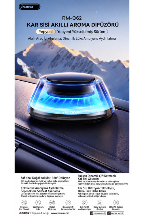 Snow Mist Akıllı Araç Kokusu Difüzörü - 7 Renkli Rgb Işıklı, Otomatik Çalışma Ve Titreşim Sensörlü (Rm-C62)