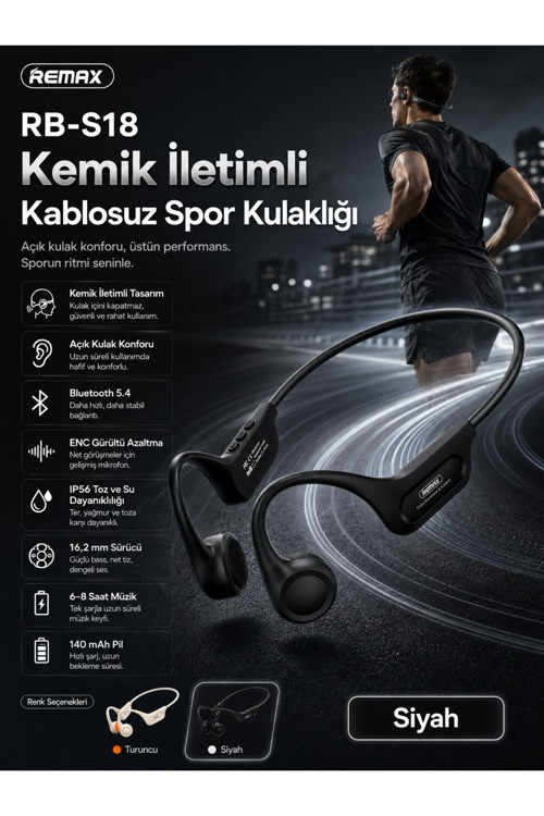 Rb-S18 Kemik İletimli Bluetooth 5.4 Kablosuz Spor Kulaklığı - Açık Kulak Tasarımlı Rb-S18 Siyah