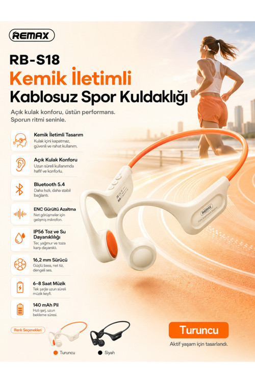 Rb-S18 Kemik İletimli Bluetooth 5.4 Kablosuz Spor Kulaklığı - Açık Kulak Tasarımlı Rb-S18 Turuncu