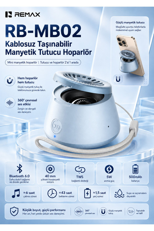 Magsafe Magnetik 2'Si 1 Aradatelefon Tutucu Şarjlı Mini Bluetooth Hoparlör 5W Rb-Mb02 Mavi