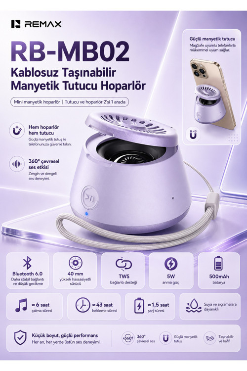 Magsafe Magnetik 2'Si 1 Aradatelefon Tutucu Şarjlı Mini Bluetooth Hoparlör 5W Rb-Mb02 Mor