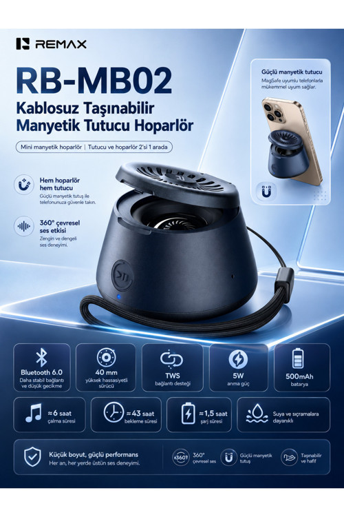 Magsafe Magnetik 2'Si 1 Aradatelefon Tutucu Şarjlı Mini Bluetooth Hoparlör 5W Rb-Mb02 Lacivert