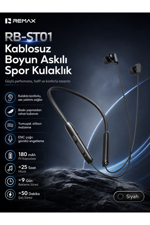 Rb-St01 Manyetik Boyun Bantlı Bluetooth 6.0 Kablosuz Spor Kulaklık - 25 Saat Müzik Süresi Rb-St01 Siyah