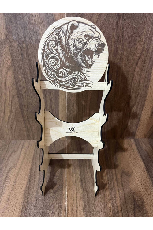 5'Li Gravürlü Ahşap Çakı Standı - Tribal Desenli Kükreyen Ayı Motifli