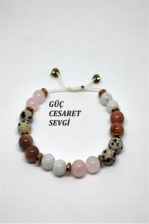 Sertifikalı Güç,Cesaret,Sevgi (Ay Taşı,Pembe Kuvars,Güneş Taşı,Benekli Jasper,) Doğaltaş Bileklik