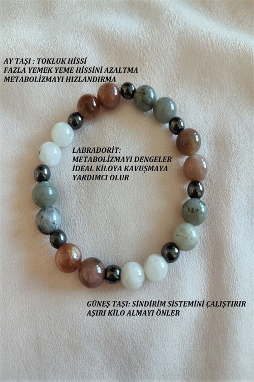 Sertifikalı Tokluk Hissi ,Metabolizma,(Güneş Taşı, Ay Taşı,Labradorit, Hematit) Doğaltaş Bileklik