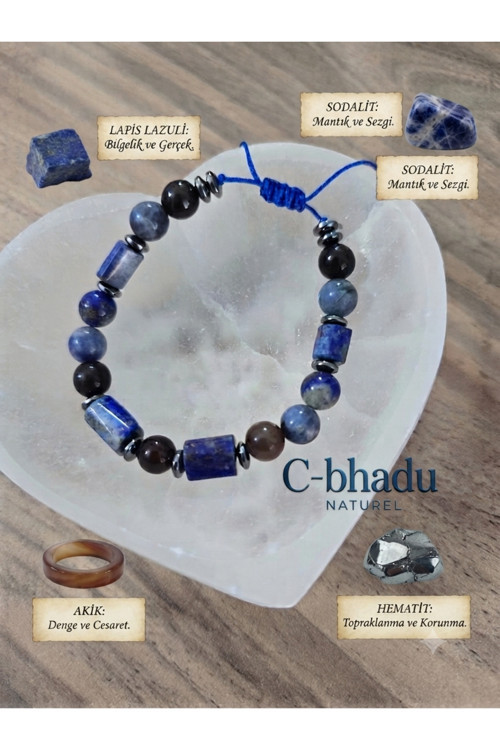 Sertifikalı Lapis Lazuli, Sodalit, Akik, Hematit Doğaltaş Bileklik