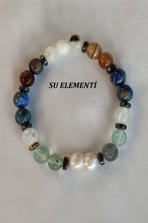 Sertifikalı Su Elementi Doğaltaş Bileklik (İnci,Florit, Necef, Lapis Lazuli,Akik, Ay Taşı, Hematit)