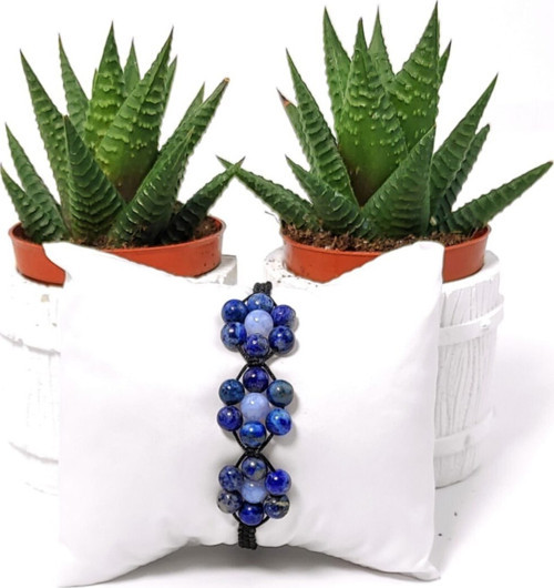 Lapis Lazuli Kalsedon Çiçek Motifli Örme Bileklik 6 Mm (Üçlü)