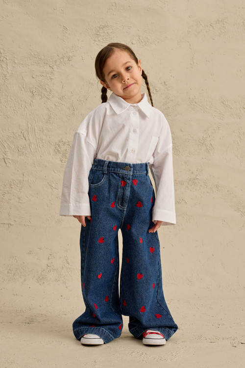 Kalp Nakışlı Straight Denim Pantolon Lacivert
