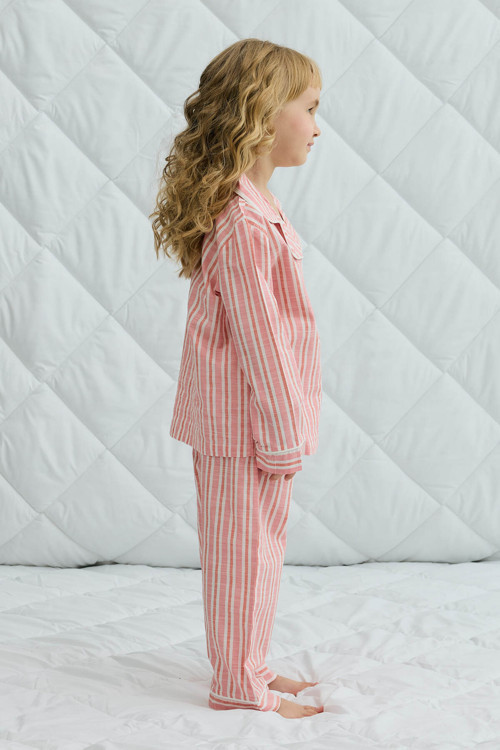 Çizgili Pamuk Gömlekli Pijama Takım Pembe