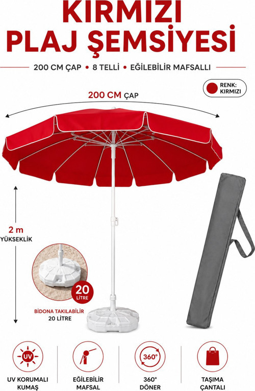 Kırmızı Plaj Şemsiyesi 200 cm Çap / 10 Telli + Bidon + Taşıma Çantası Dahil