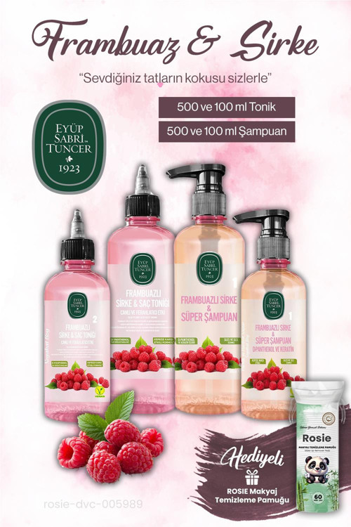 500 ml ve 100 ml Sirke Frambuaz Tonik ve Şampuan, ROSIE makyaj pamuğu