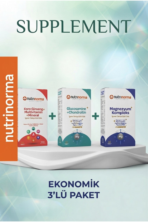 Nutrinorma Ekonomik 3'Lü Premium Destek Paketi | Kore Ginseng + Multivitamin & Mineral 30 Tablet + Glukozamin Msm Kondroitin 60 Tablet + Magnezyum Kompleks 60 Tablet | Takviye Edici Gıda Seti