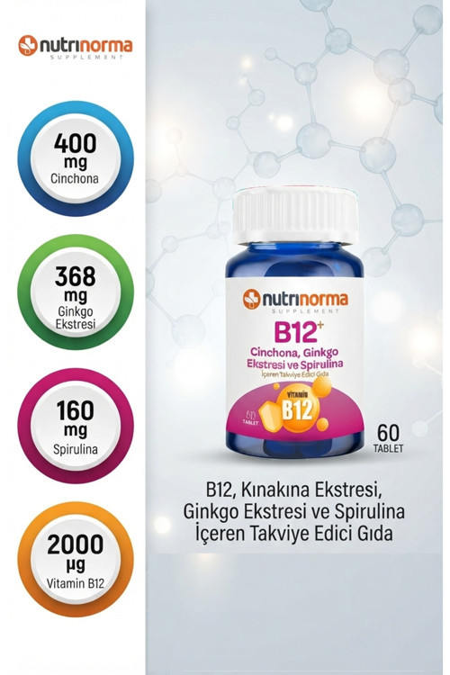 Nutrinorma B12+ Kınakına Ekstresi, Ginkgo Ekstresi Ve Spirulina İçeren 60 Tablet – Yüksek B12 İçeriği İle Günlük Kullanıma Uygun Formül