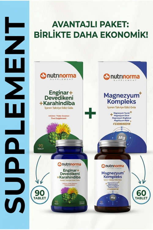 Nutrinorma Avantajlı İkili Destek Paketi | Enginar, Devedikeni, Karahindiba 90 Tablet + Magnezyum Kompleks 60 Tablet | Günlük Beslenmeye Ekonomik Destek