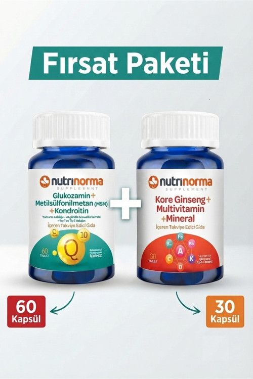 Nutrinorma Avantajlı Fırsat Paketi | Glukozamin Msm Kondroitin 60 Kapsül + Kore Ginsengi Multivitamin & Mineral 30 Kapsül | Günlük Enerji Ve Hareket Desteği