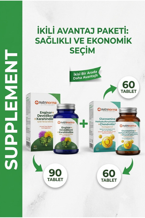 Nutrinorma Avantajlı Çiftli Destek Paketi | Enginar, Devedikeni, Karahindiba 90 Tablet + Glukozamin, Msm Ve Kondroitin 60 Tablet | Ekonomik Kombinasyon