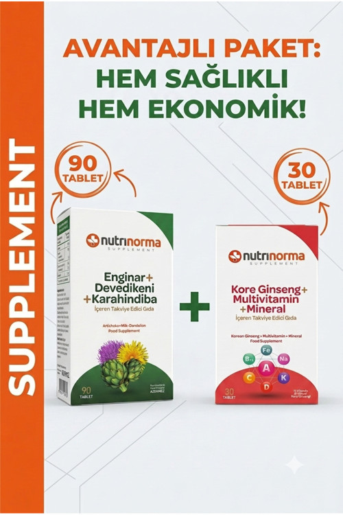 Nutrinorma Avantajlı Çiftli Destek Paketi | Enginar, Devedikeni, Karahindiba 90 Tablet + Kore Ginsengi Multivitamin & Mineral 30 Tablet