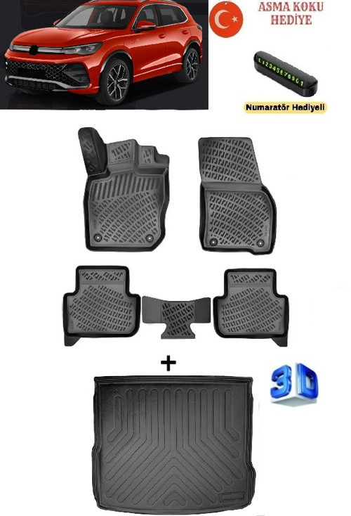 Volkswagen Tiguan 2024 Sonrası Uyumlu 3D Havuzlu Paspas ve Bagaj Havuzu Seti (Stepneli - Üst Kademe)ASMA KOKU V