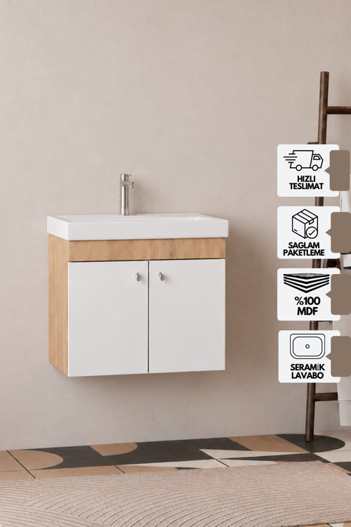 Milano 60 Cm, Lavabolu Alt Banyo Dolabı, Kapaklı Banyo Dolabı, Seramik Lavabo Dahil, Mdf