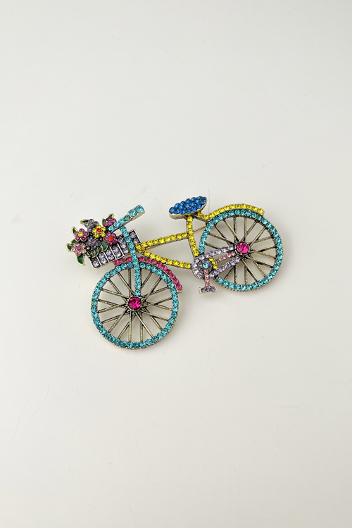 Çiçek Detaylı Renkli Taşlı Bisiklet Broş (En:4,5cm Boy:7cm)