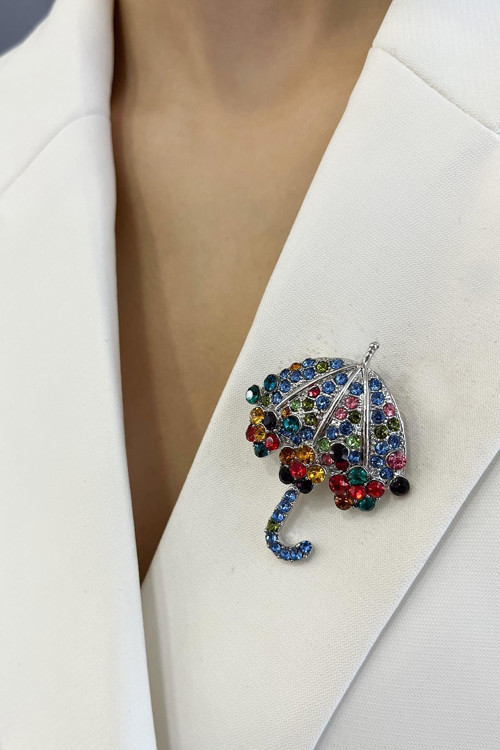 Gümüş Rengi Renkli Taşlı Şemsiye Broş (5cm)