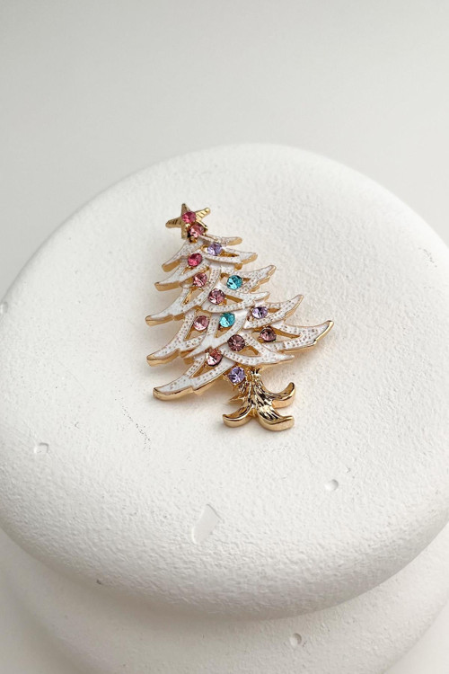Yılbaşı Özel Altın Renkli Taşlı Çam Ağacı Broş (5cm)