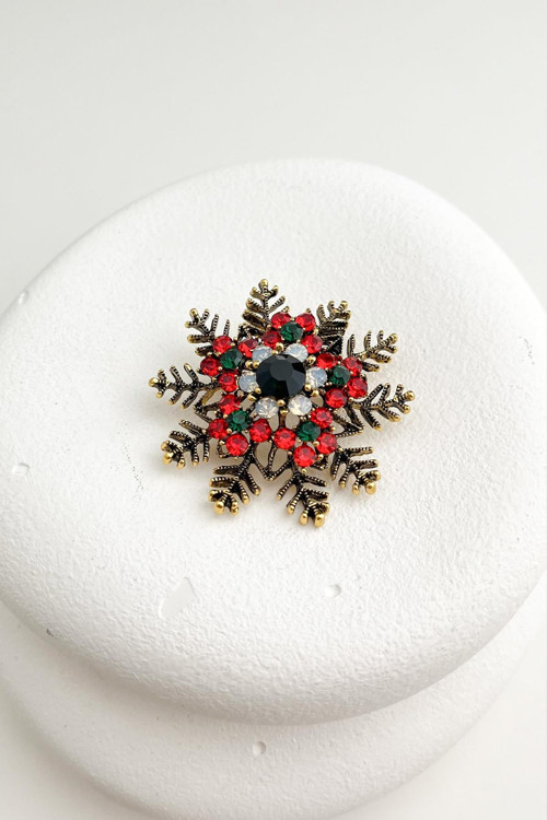 Yılbaşı Özel Taşlı Altın Rengi Kar Tanesi Broş (4cm)