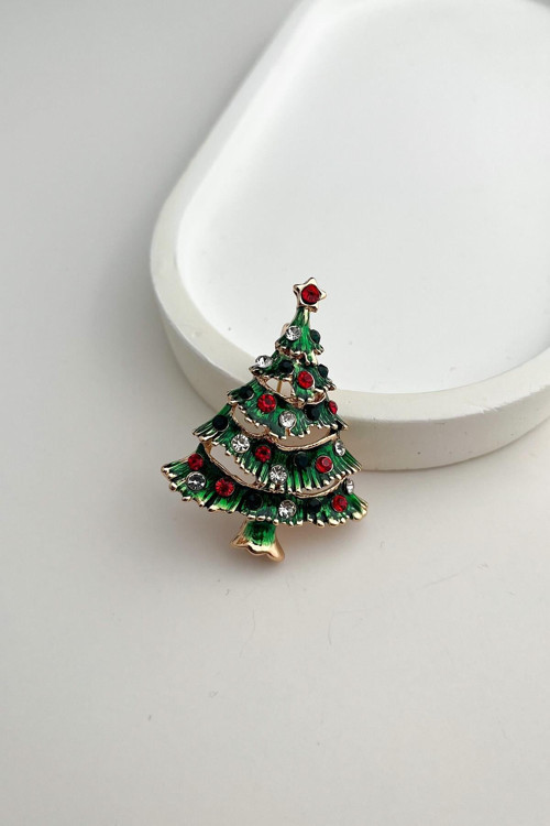 Yılbaşı Özel Renkli Taşlı Yeşil Çam Ağacı Broş (4cm)