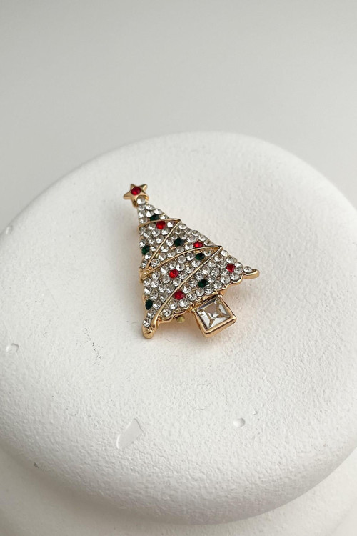 Yılbaşı Özel Altın Rengi Taşlı Çam Ağacı Broş (5cm)